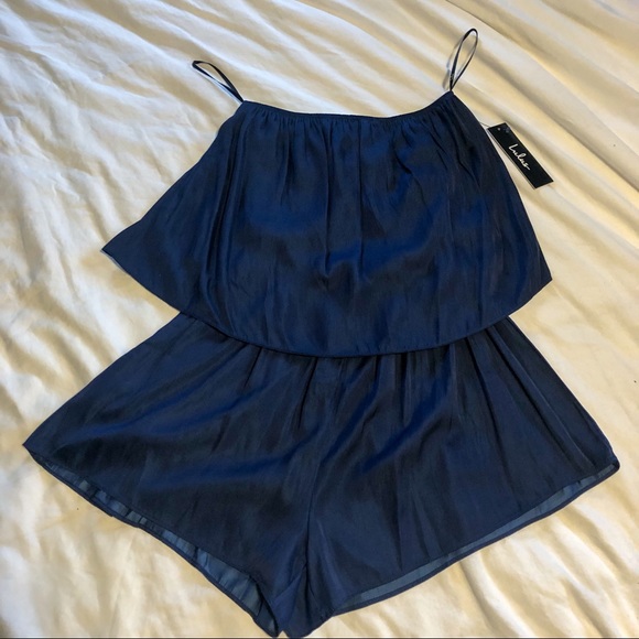 Lulus Catia Navy Satin Strapless Romper small - Picture 6 of 9